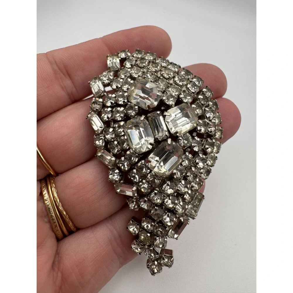 Vintage Rhinestone Brooch Clear Sparkly Baguette Pin